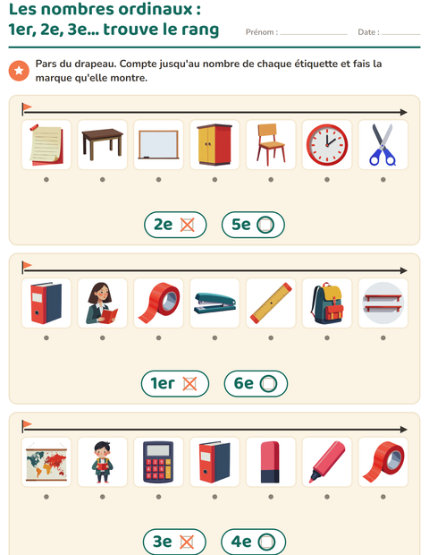 Aperçu de la fiche Les nombres ordinaux avec Salle de classe pour École maternelle (grande section, 5-7 ans)