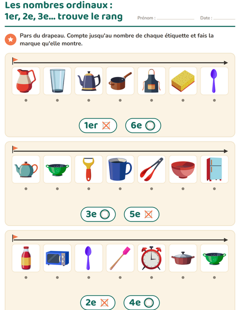 Aperçu de la fiche Les nombres ordinaux avec Ustensiles de cuisine pour École maternelle (grande section, 5-7 ans)