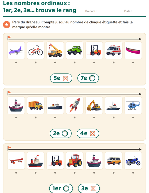 Aperçu de la fiche Les nombres ordinaux avec Véhicules pour École maternelle (grande section, 5-7 ans)