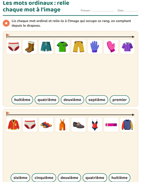 Aperçu de la fiche Les nombres ordinaux avec Vêtements pour CP (cours préparatoire)