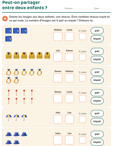 Aperçu de la fiche Nombres pairs et impairs avec Accessoires pour CP (cours préparatoire)