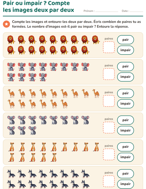 Aperçu de la fiche Nombres pairs et impairs avec Animaux du zoo pour CP (cours préparatoire)