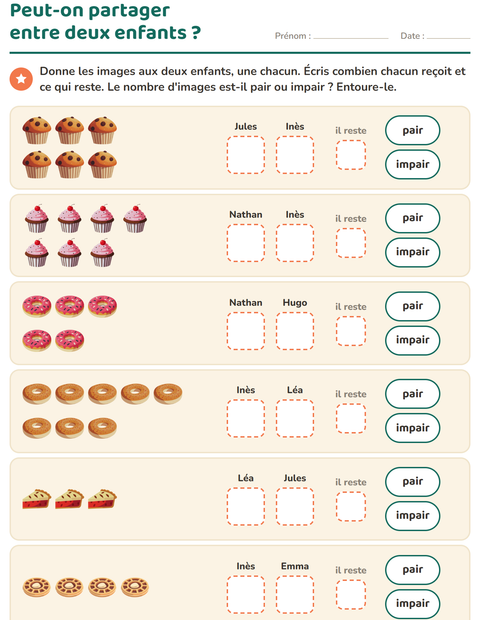 Aperçu de la fiche Nombres pairs et impairs avec Boulangerie pour CP (cours préparatoire)