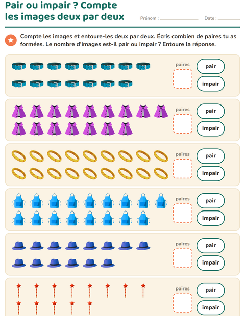 Aperçu de la fiche Nombres pairs et impairs avec Accessoires pour CP (cours préparatoire)