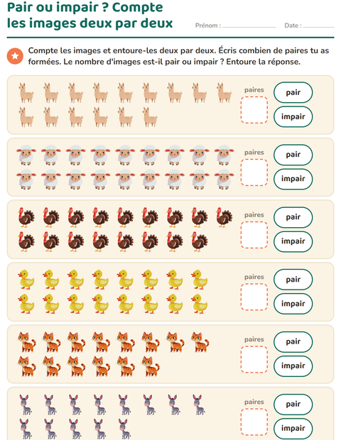 Aperçu de la fiche Nombres pairs et impairs avec Animaux de la ferme pour CP (cours préparatoire)