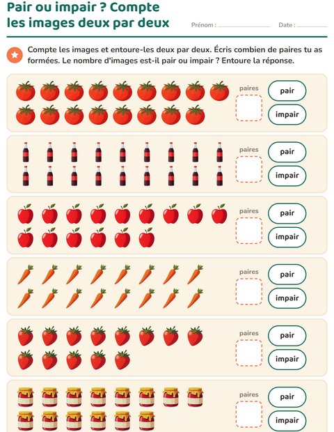 Aperçu de la fiche Nombres pairs et impairs avec Au supermarché pour CP (cours préparatoire)