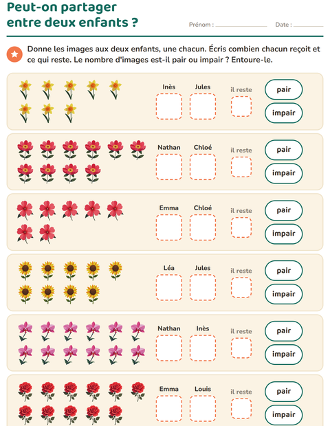 Aperçu de la fiche Nombres pairs et impairs avec Fleurs pour CP (cours préparatoire)