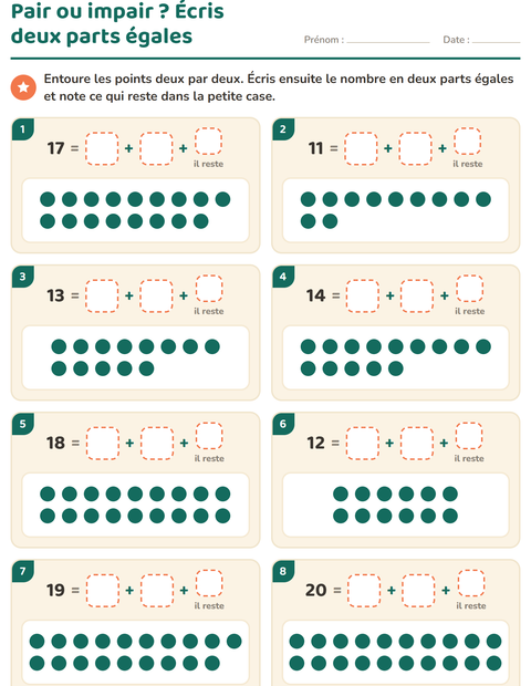 Aperçu de la fiche Nombres pairs et impairs pour CE1 (cours élémentaire 1)