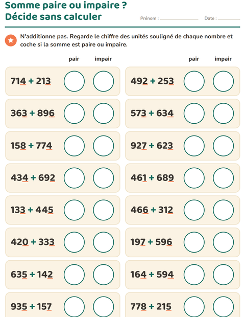 Aperçu de la fiche Nombres pairs et impairs pour CE2 (cours élémentaire 2)