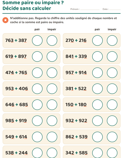 Aperçu de la fiche Nombres pairs et impairs pour CE2 (cours élémentaire 2)