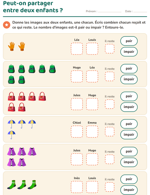 Aperçu de la fiche Nombres pairs et impairs avec Accessoires pour CP (cours préparatoire)
