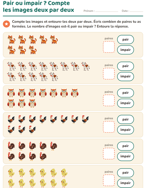 Aperçu de la fiche Nombres pairs et impairs avec Animaux de la ferme pour CP (cours préparatoire)