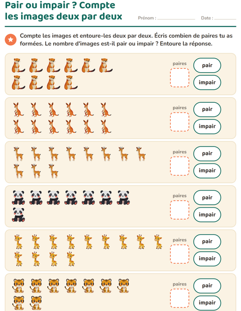 Aperçu de la fiche Nombres pairs et impairs avec Animaux du zoo pour CP (cours préparatoire)