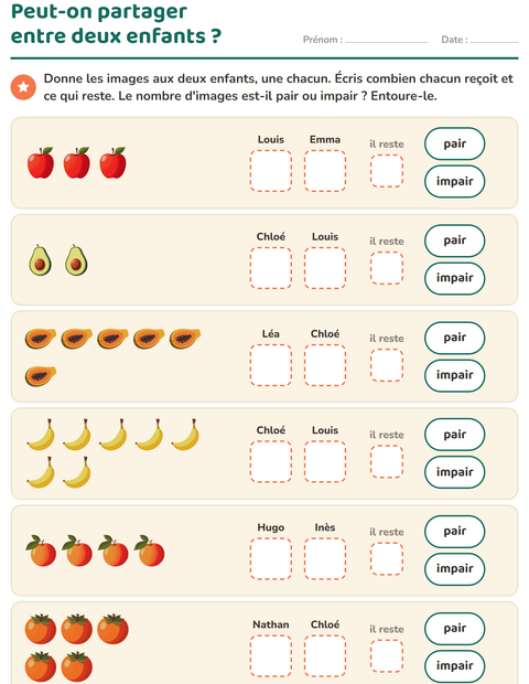 Aperçu de la fiche Nombres pairs et impairs avec Fruits pour CP (cours préparatoire)