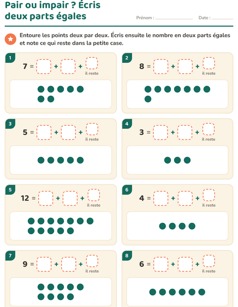 Aperçu de la fiche Nombres pairs et impairs pour CE1 (cours élémentaire 1)