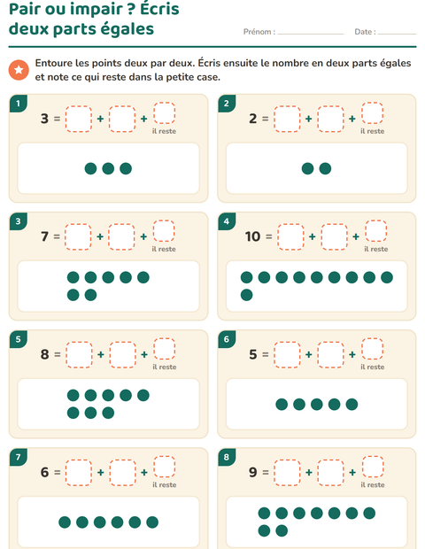 Aperçu de la fiche Nombres pairs et impairs pour CE1 (cours élémentaire 1)
