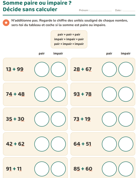 Aperçu de la fiche Nombres pairs et impairs pour CE2 (cours élémentaire 2)