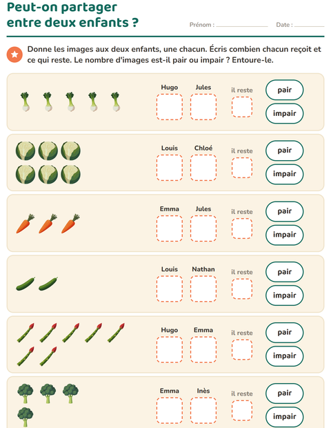 Aperçu de la fiche Nombres pairs et impairs avec Légumes pour CP (cours préparatoire)