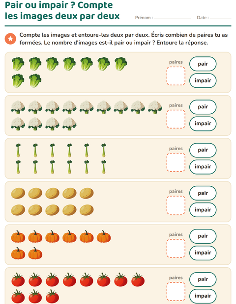 Aperçu de la fiche Nombres pairs et impairs avec Légumes pour CP (cours préparatoire)
