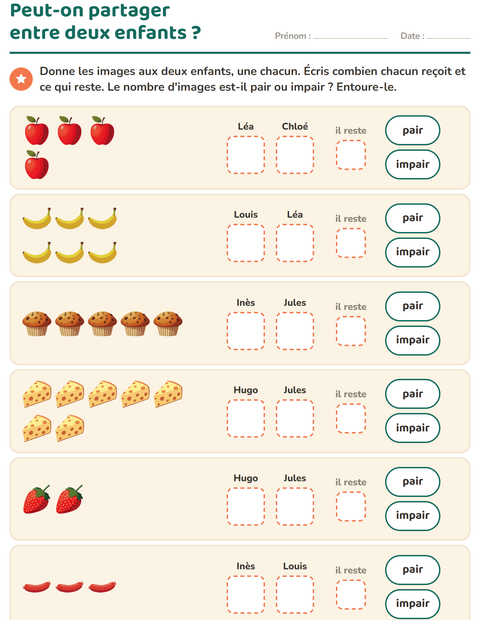 Aperçu de la fiche Nombres pairs et impairs avec Petit-déjeuner pour CP (cours préparatoire)