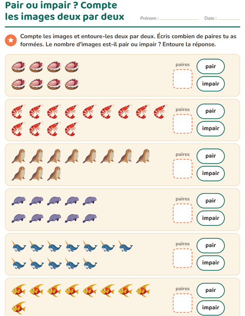 Aperçu de la fiche Nombres pairs et impairs avec Vie océanique pour CP (cours préparatoire)