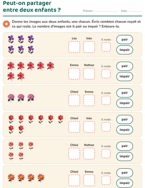 Aperçu de la fiche Nombres pairs et impairs avec Fleurs pour CP (cours préparatoire)