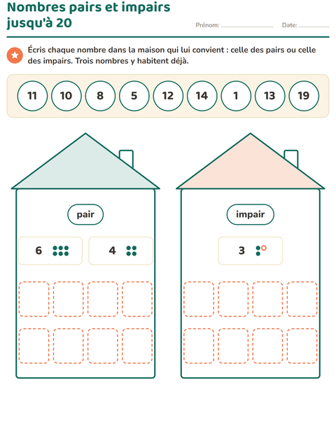 Nombres pairs et impairs jusqu'à 20