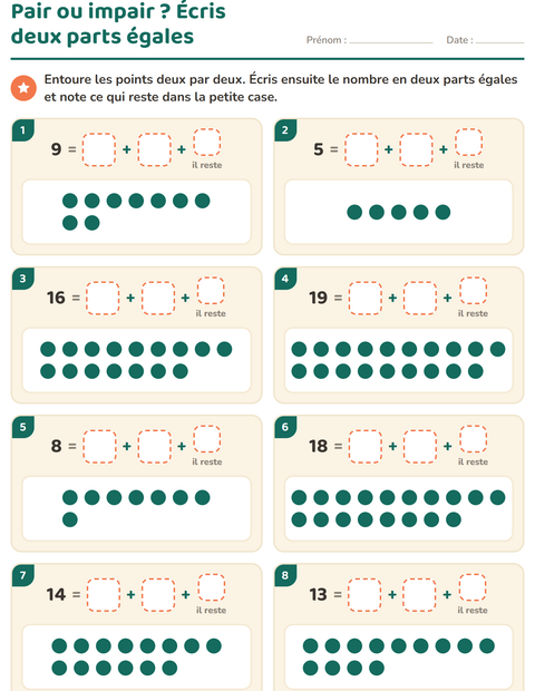 Aperçu de la fiche Nombres pairs et impairs pour CE1 (cours élémentaire 1)