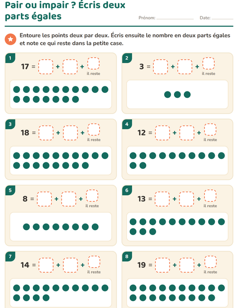 Pair ou impair ? Écris deux parts égales