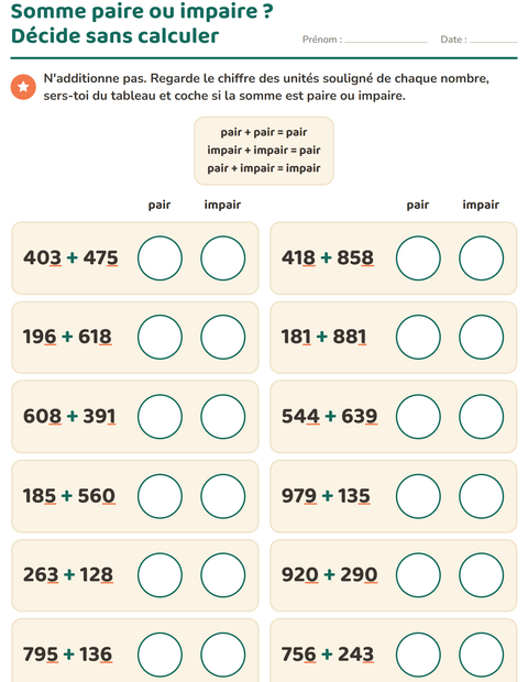 Aperçu de la fiche Nombres pairs et impairs pour CE2 (cours élémentaire 2)