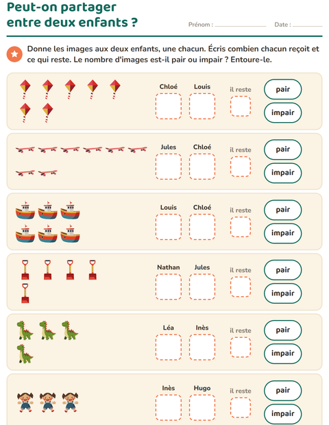 Aperçu de la fiche Nombres pairs et impairs avec Jouets pour CP (cours préparatoire)