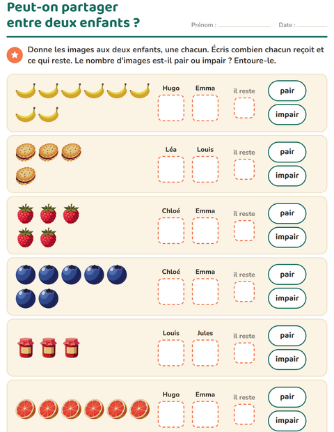 Aperçu de la fiche Nombres pairs et impairs avec Petit-déjeuner pour CP (cours préparatoire)