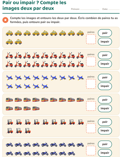 Aperçu de la fiche Nombres pairs et impairs avec Véhicules pour CP (cours préparatoire)