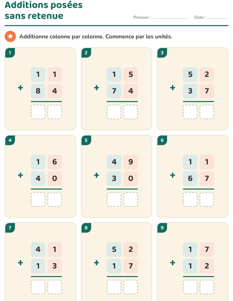 Aperçu de la fiche Opérations posées pour CE1 (cours élémentaire 1)