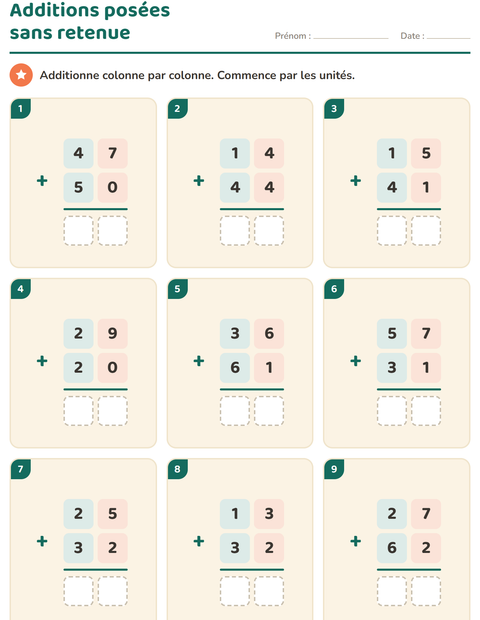 Aperçu de la fiche Opérations posées pour CE1 (cours élémentaire 1)