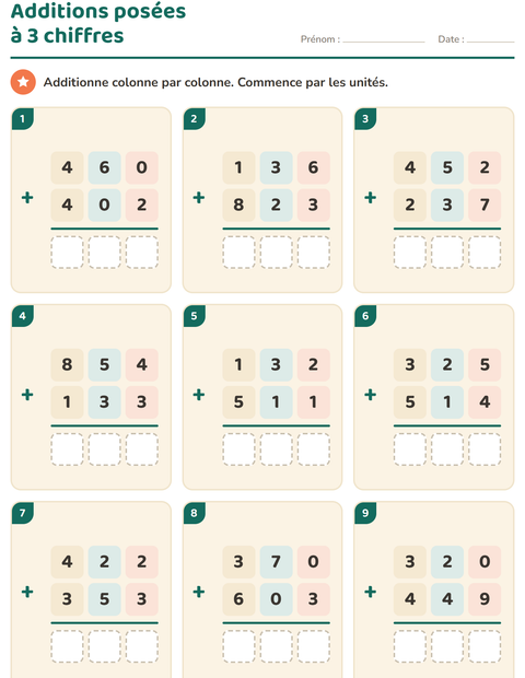 Aperçu de la fiche Opérations posées pour CE1 (cours élémentaire 1)