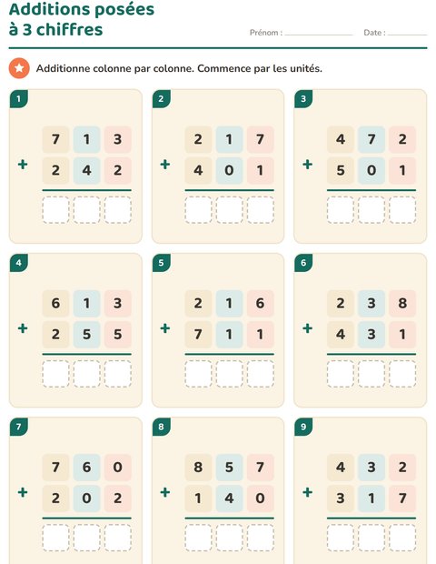 Aperçu de la fiche Opérations posées pour CE1 (cours élémentaire 1)