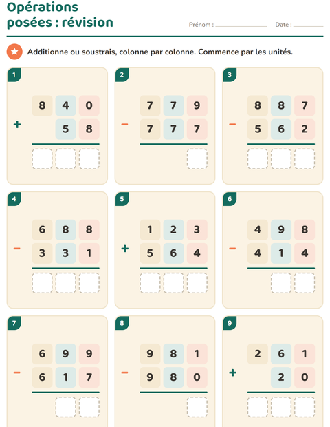 Aperçu de la fiche Opérations posées pour CE1 (cours élémentaire 1)