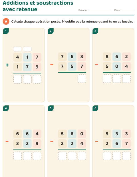 Aperçu de la fiche Opérations posées pour CE2 (cours élémentaire 2)