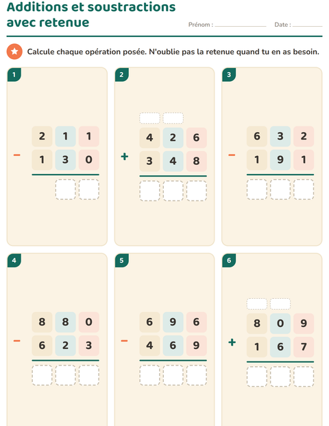Aperçu de la fiche Opérations posées pour CE2 (cours élémentaire 2)