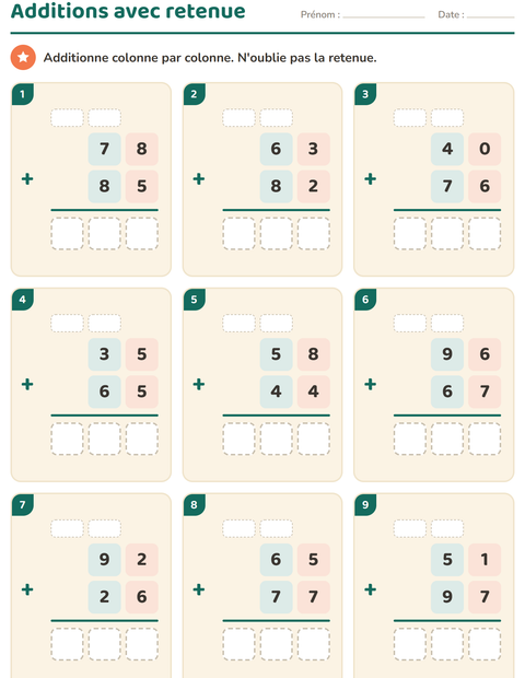 Aperçu de la fiche Opérations posées pour CE2 (cours élémentaire 2)