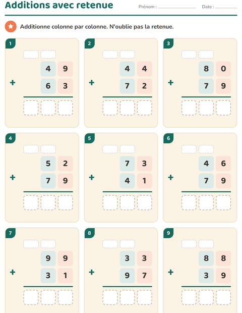 Aperçu de la fiche Opérations posées pour CE2 (cours élémentaire 2)
