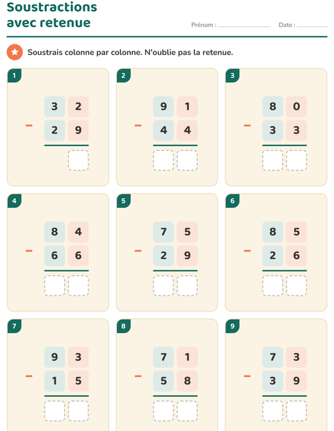 Aperçu de la fiche Opérations posées pour CE2 (cours élémentaire 2)