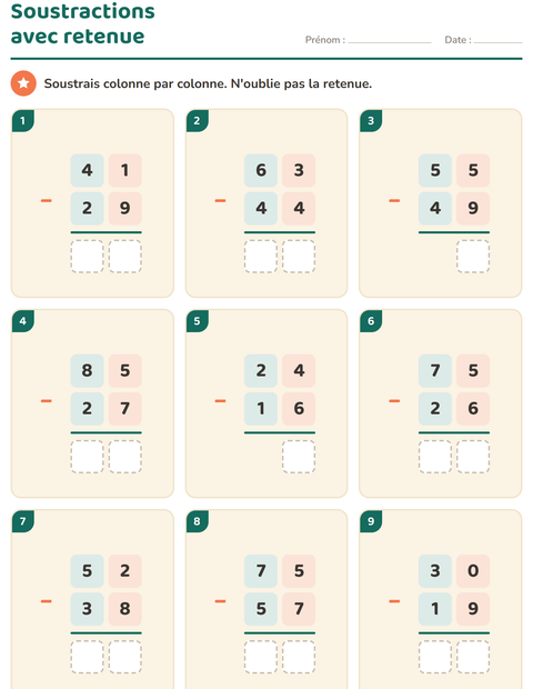 Aperçu de la fiche Opérations posées pour CE2 (cours élémentaire 2)