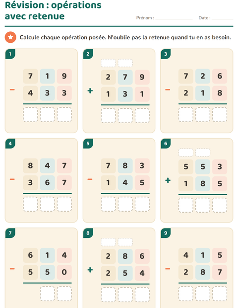 Aperçu de la fiche Opérations posées pour CE2 (cours élémentaire 2)