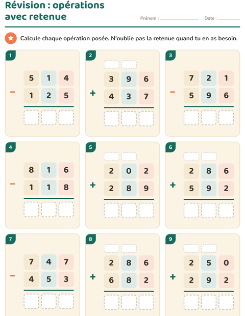 Aperçu de la fiche Opérations posées pour CE2 (cours élémentaire 2)
