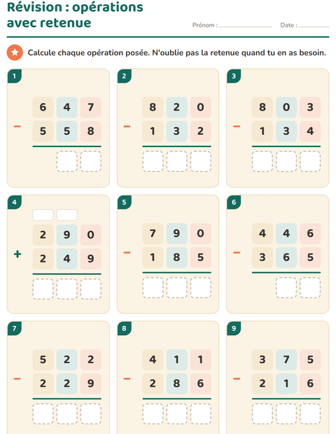 Aperçu de la fiche Opérations posées pour CE2 (cours élémentaire 2)