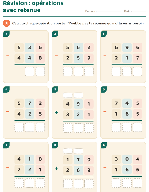 Aperçu de la fiche Opérations posées pour CE2 (cours élémentaire 2)