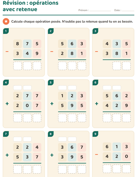 Aperçu de la fiche Opérations posées pour CE2 (cours élémentaire 2)