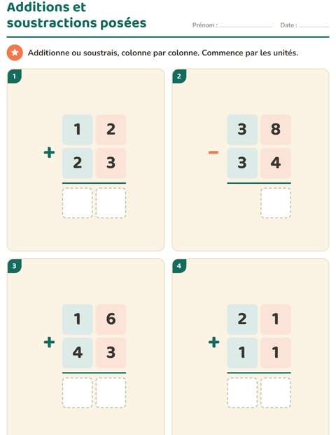 Aperçu de la fiche Opérations posées pour CE1 (cours élémentaire 1)